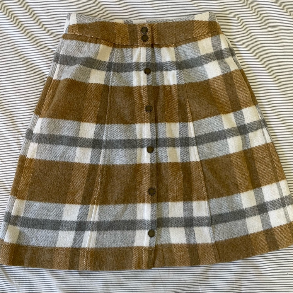 Brown/Gray/Cream Plaid Wool Blend Snap Down A line Mini Skirt size M
